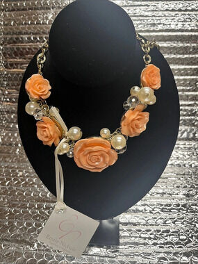 Emily Nichole Floral Statement Necklace in Orange & Gold NWT
